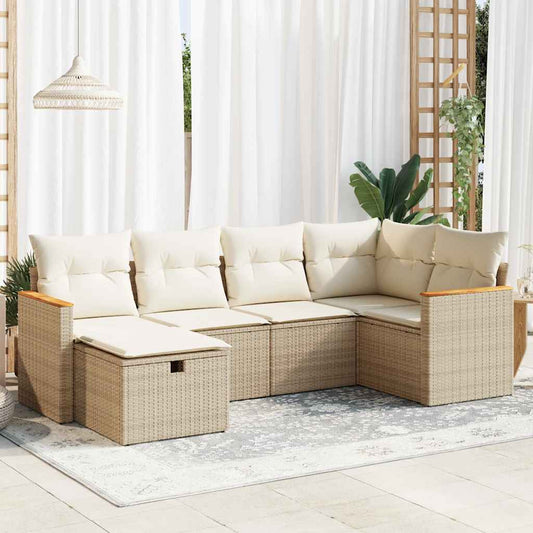 6-delige Loungeset met kussens poly rattan beige