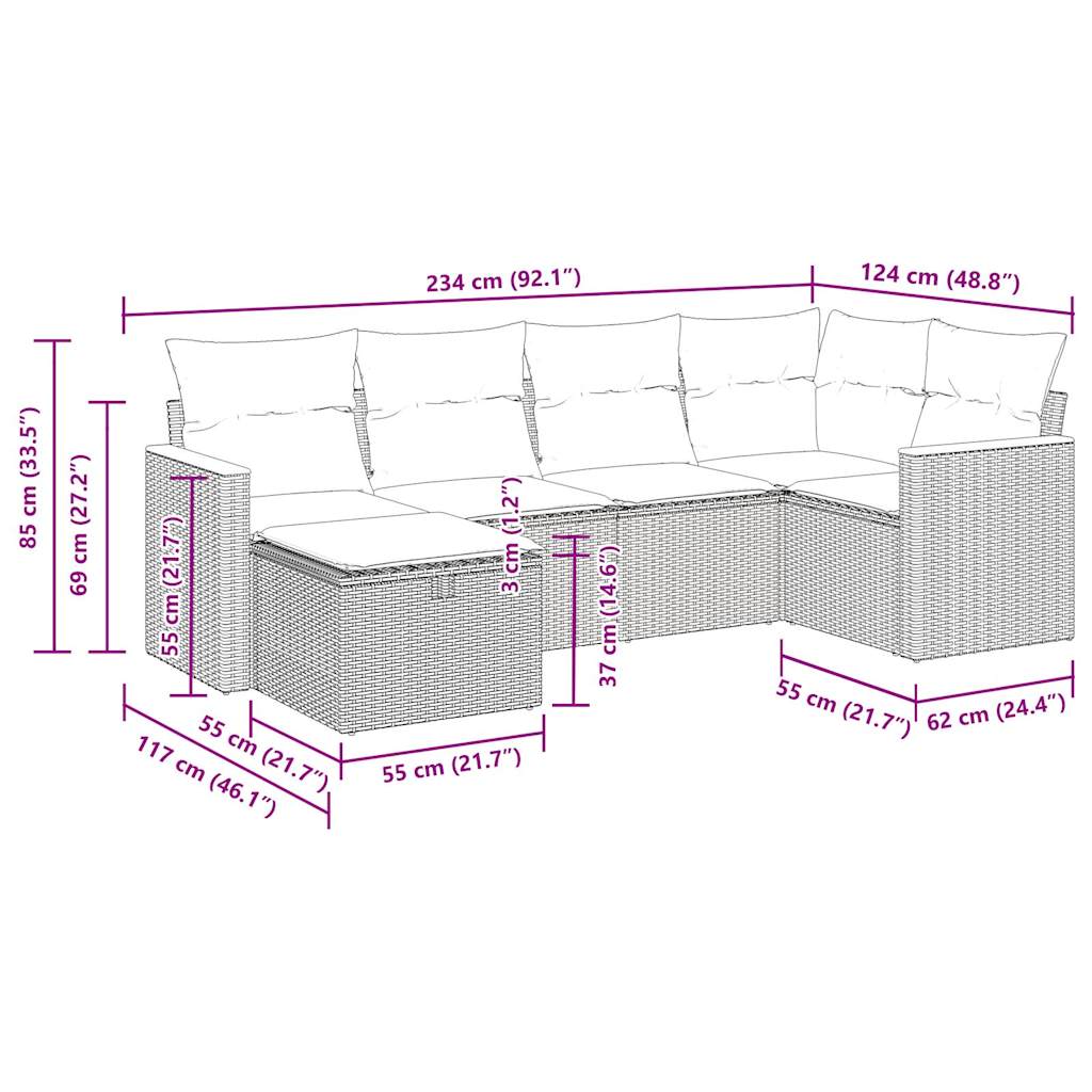 6-delige Loungeset met kussens poly rattan beige