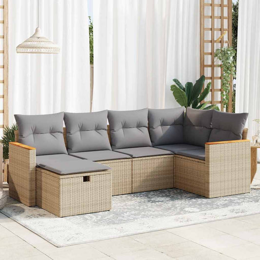 6-delige Loungeset met kussens poly rattan beige