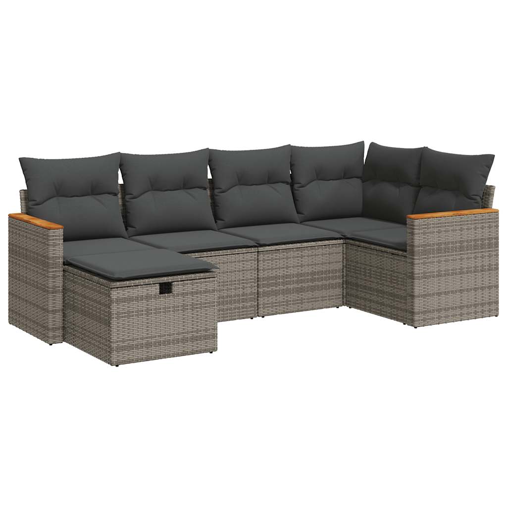 6-delige Loungeset met kussens poly rattan grijs