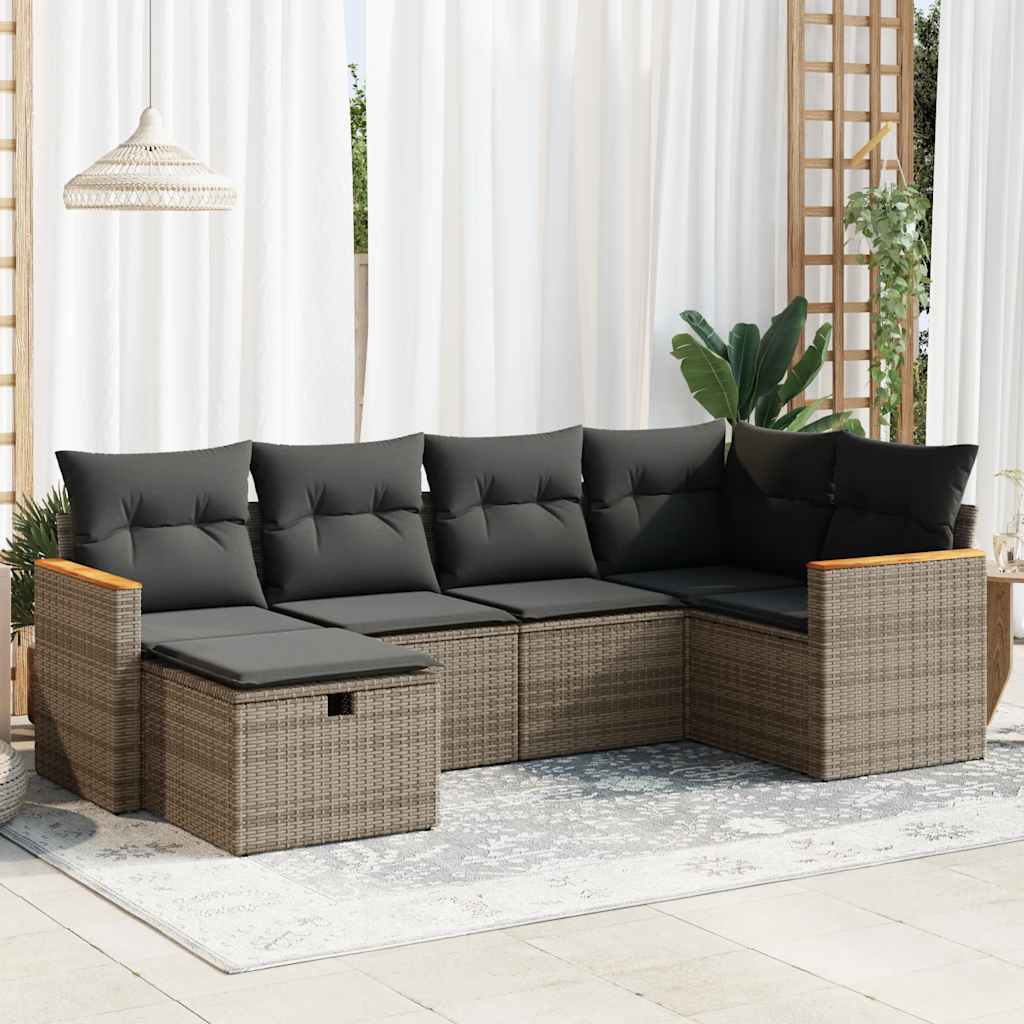 6-delige Loungeset met kussens poly rattan grijs