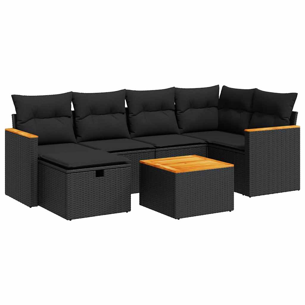 7-delige Loungeset met kussens poly rattan zwart