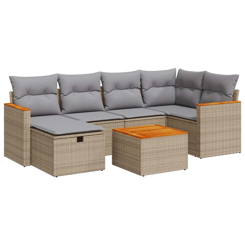 7-delige Loungeset met kussens poly rattan beige