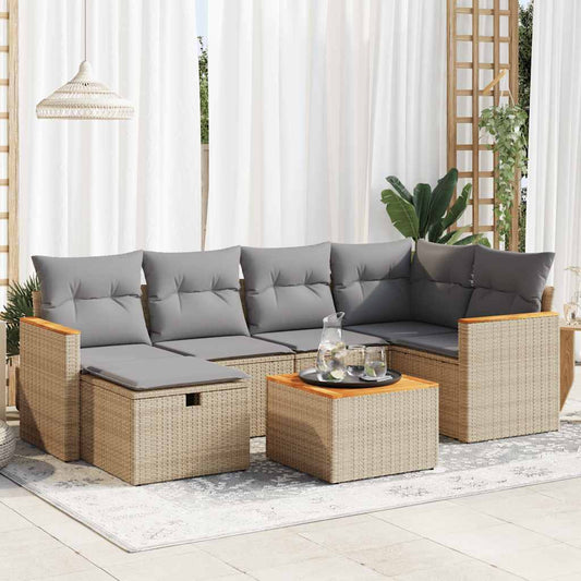 7-delige Loungeset met kussens poly rattan beige