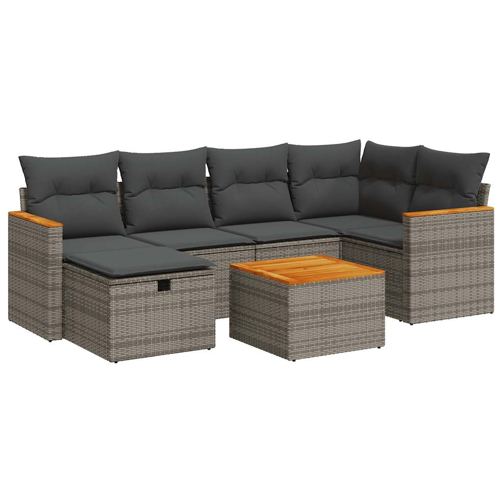 7-delige Loungeset met kussens poly rattan grijs