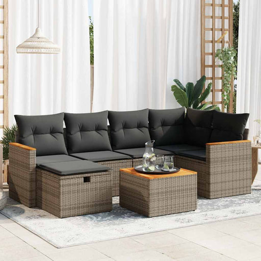 7-delige Loungeset met kussens poly rattan grijs