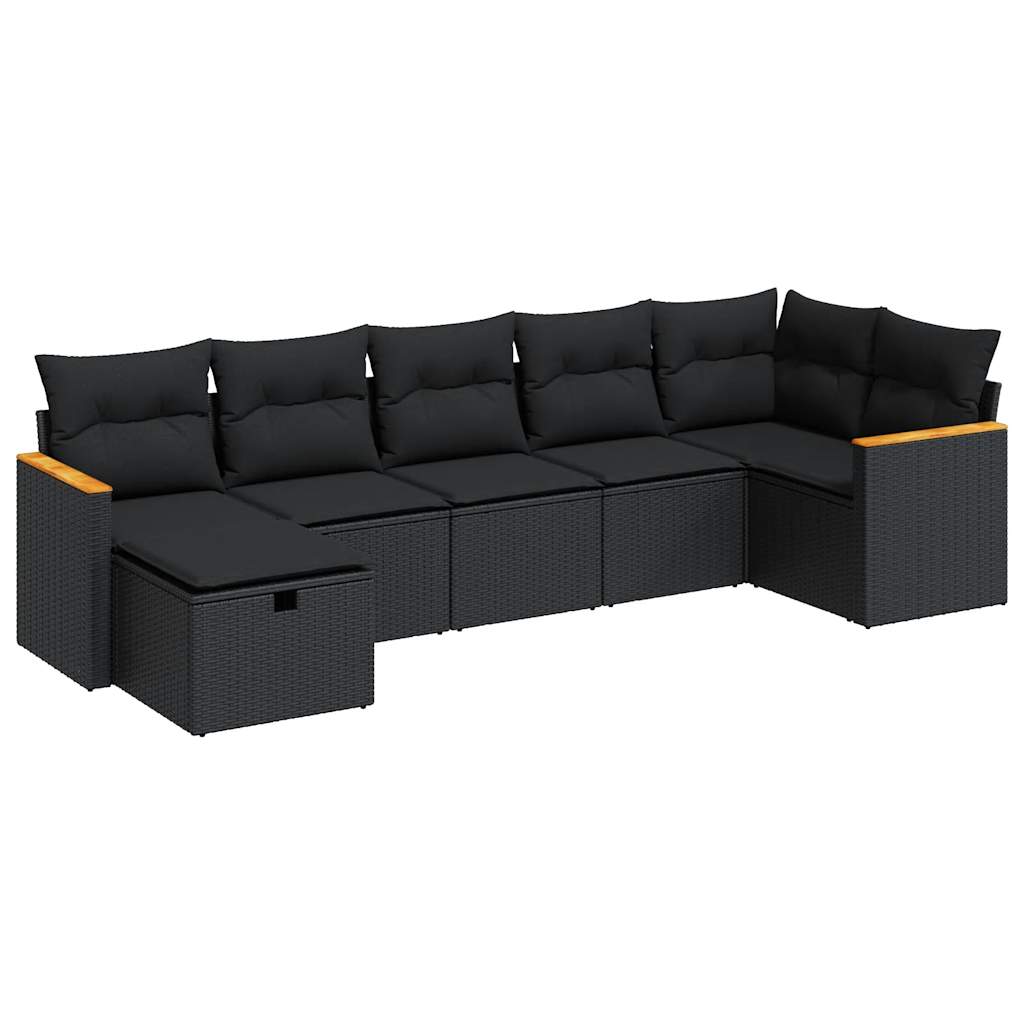 7-delige Loungeset met kussens poly rattan zwart