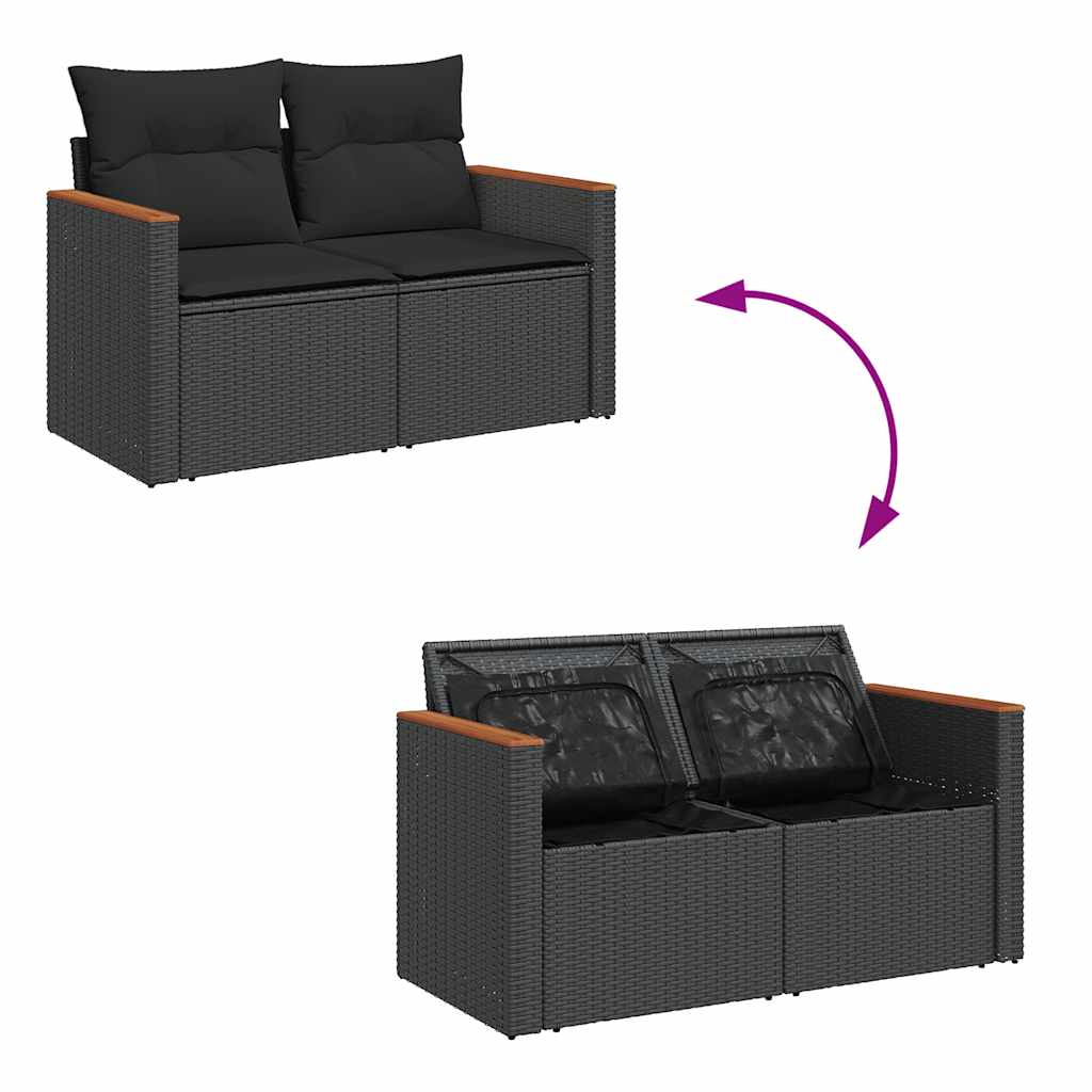 7-delige Loungeset met kussens poly rattan zwart