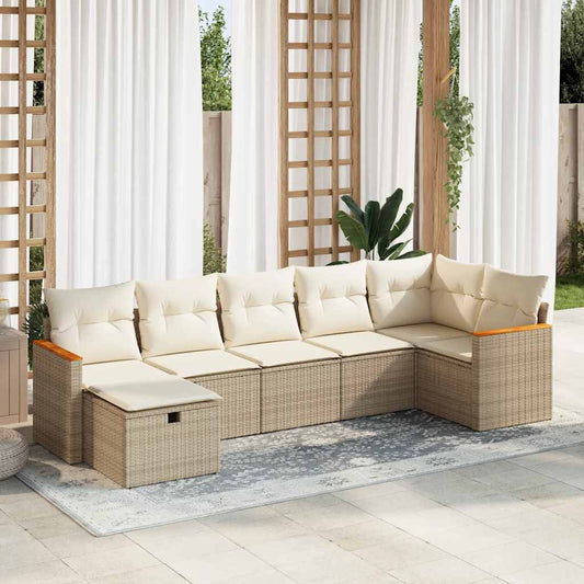 7-delige Loungeset met kussens poly rattan beige