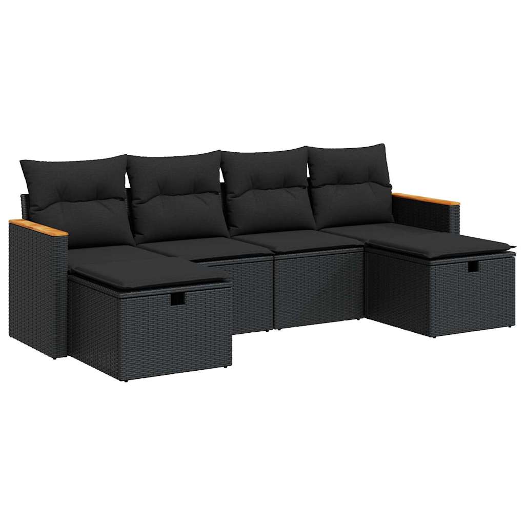 6-delige Loungeset met kussens poly rattan zwart