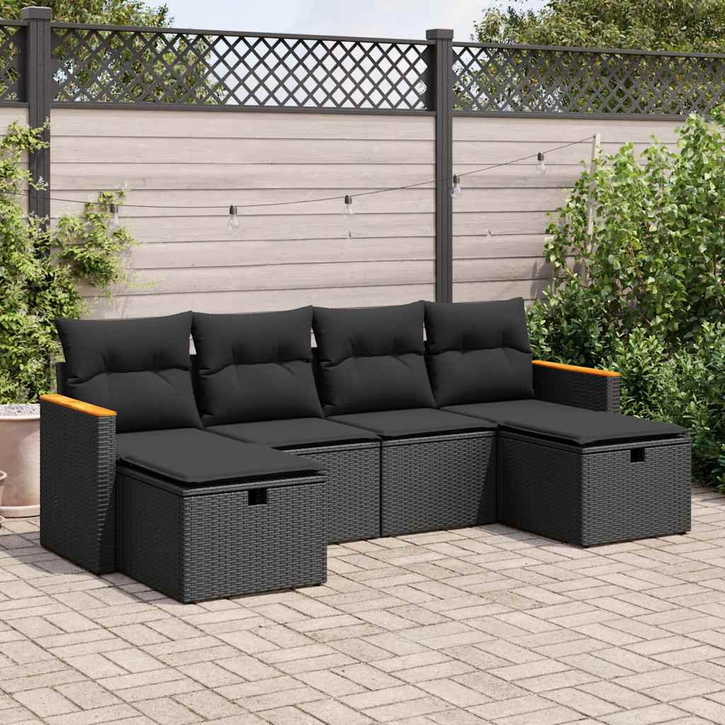 6-delige Loungeset met kussens poly rattan zwart