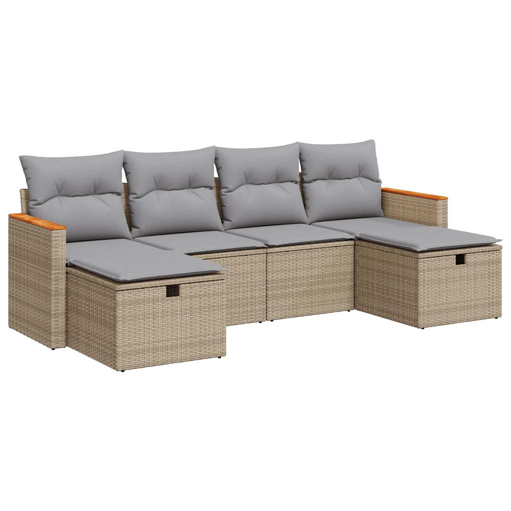 6-delige Loungeset met kussens poly rattan beige