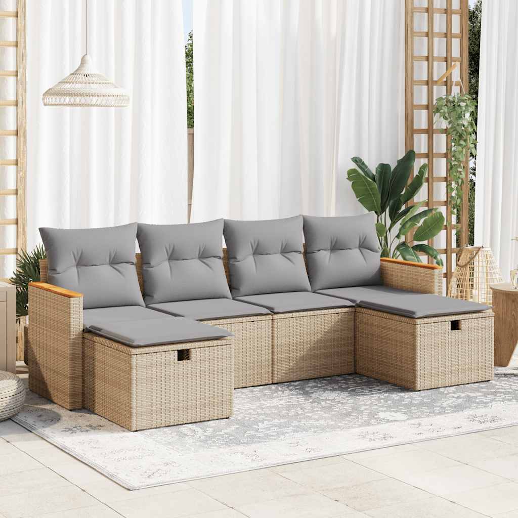 6-delige Loungeset met kussens poly rattan beige