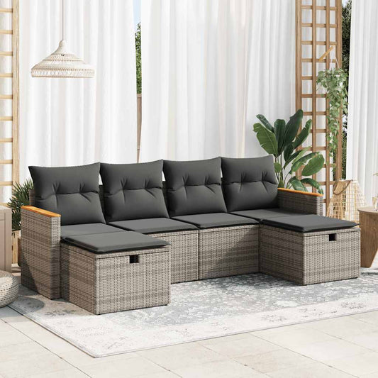 6-delige Loungeset met kussens poly rattan grijs