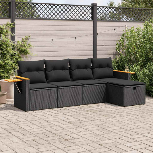 5-delige Loungeset met kussens poly rattan zwart