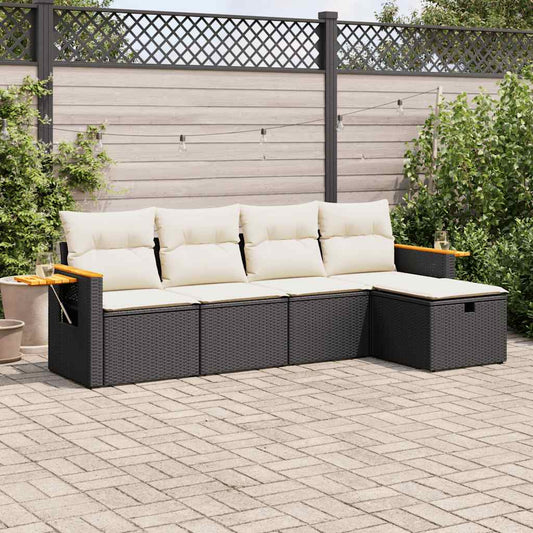 5-delige Loungeset met kussens poly rattan zwart