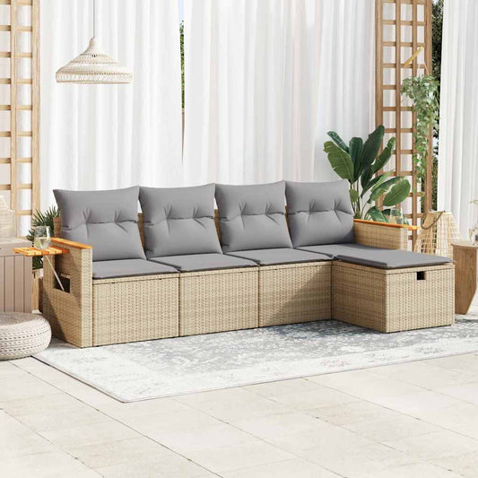 5-delige Loungeset met kussens poly rattan beige