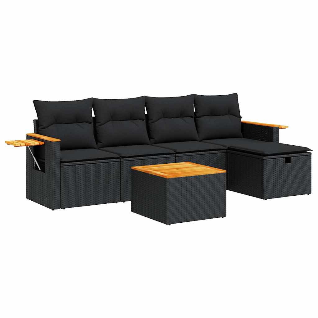 6-delige Loungeset met kussens poly rattan zwart