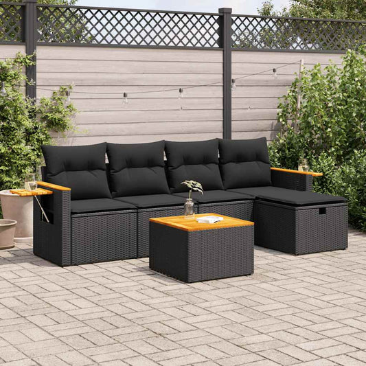 6-delige Loungeset met kussens poly rattan zwart