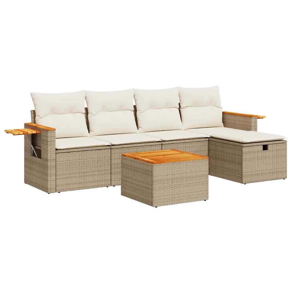 6-delige Loungeset met kussens poly rattan beige