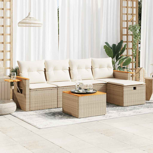 6-delige Loungeset met kussens poly rattan beige