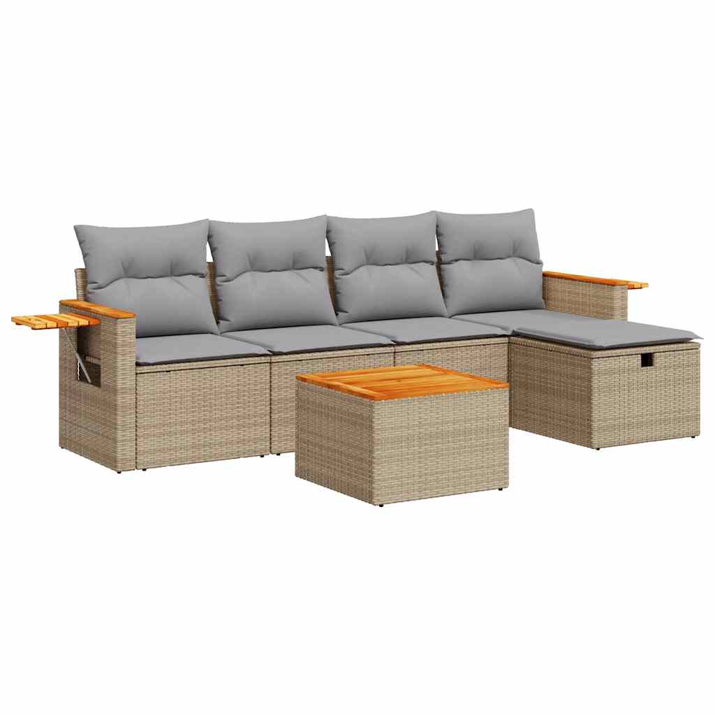 6-delige Loungeset met kussens poly rattan beige