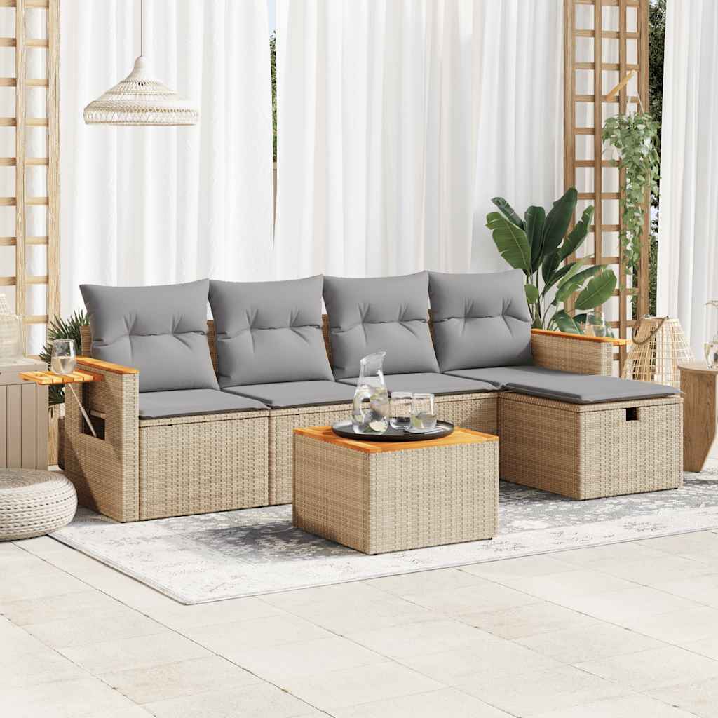 6-delige Loungeset met kussens poly rattan beige