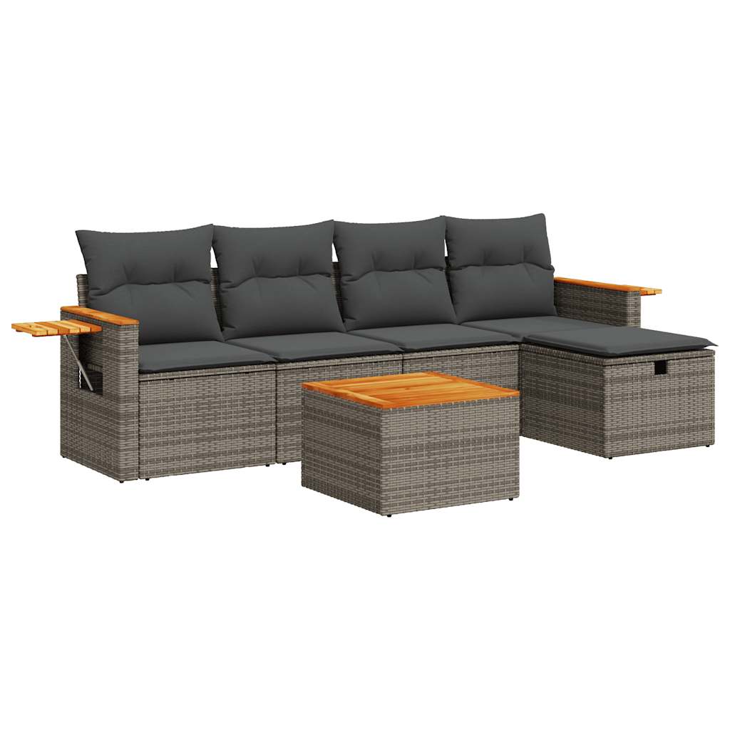 6-delige Loungeset met kussens poly rattan grijs