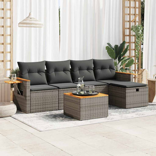 6-delige Loungeset met kussens poly rattan grijs