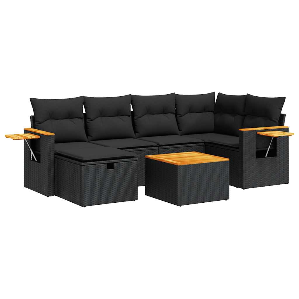 7-delige Loungeset met kussens poly rattan zwart