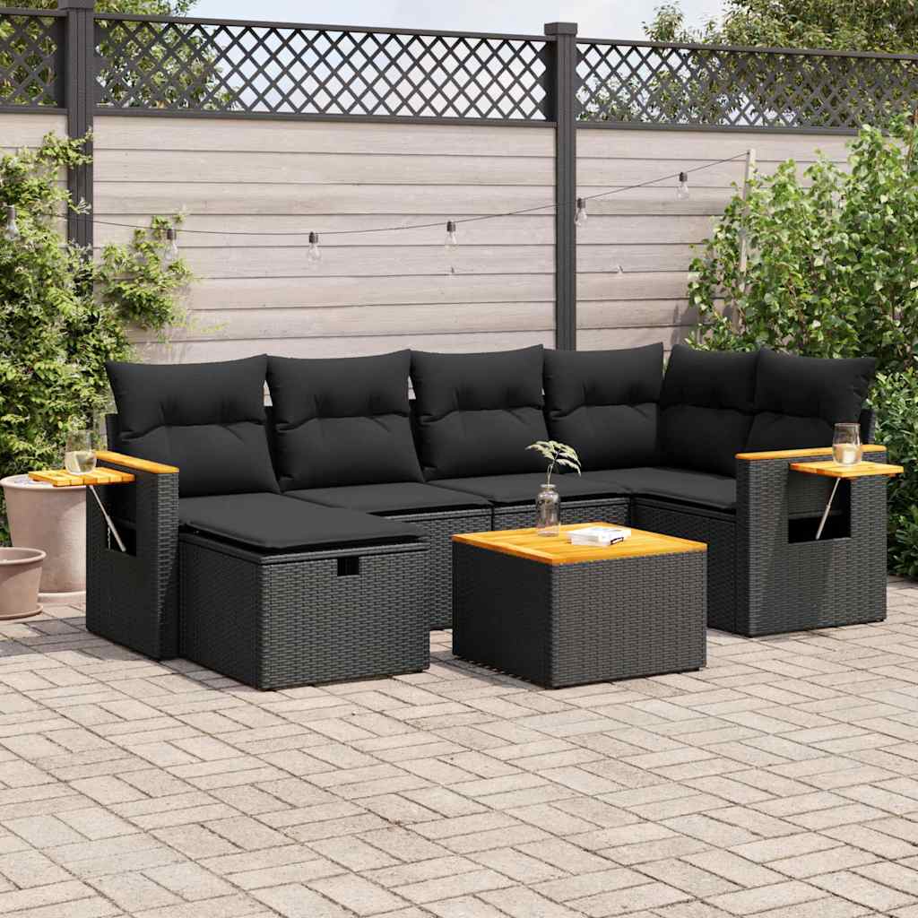 7-delige Loungeset met kussens poly rattan zwart