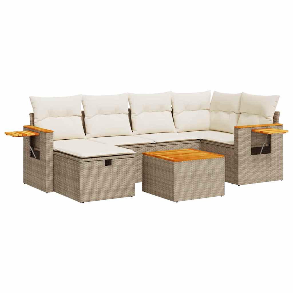 7-delige Loungeset met kussens poly rattan beige