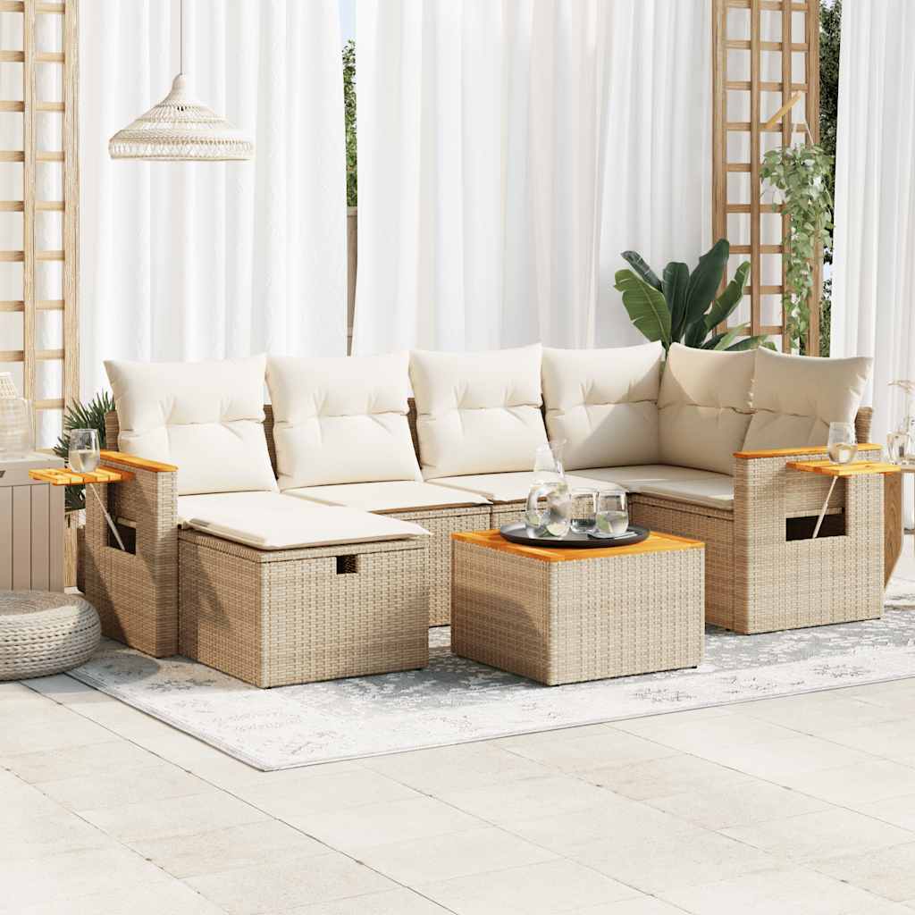 7-delige Loungeset met kussens poly rattan beige