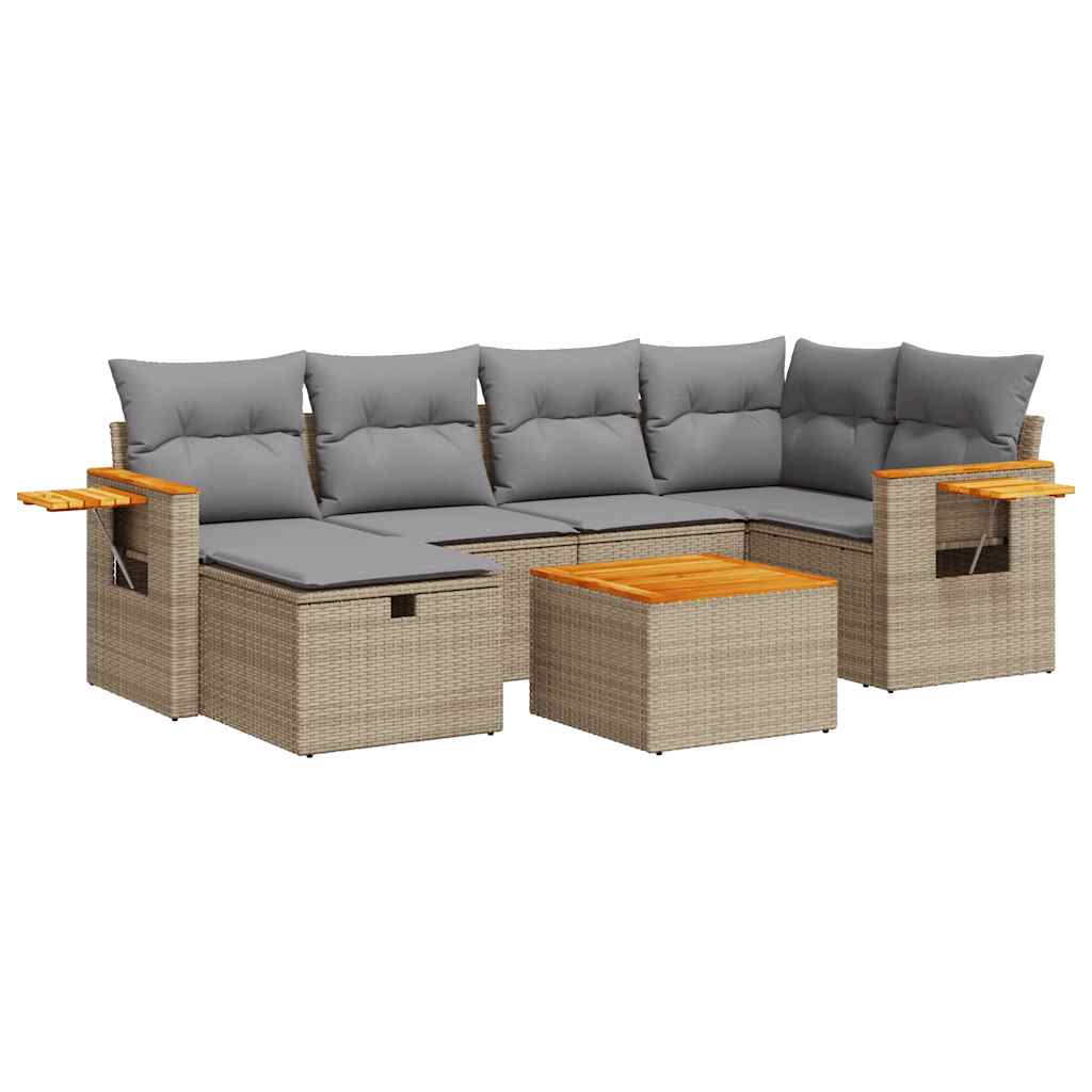 7-delige Loungeset met kussens poly rattan beige