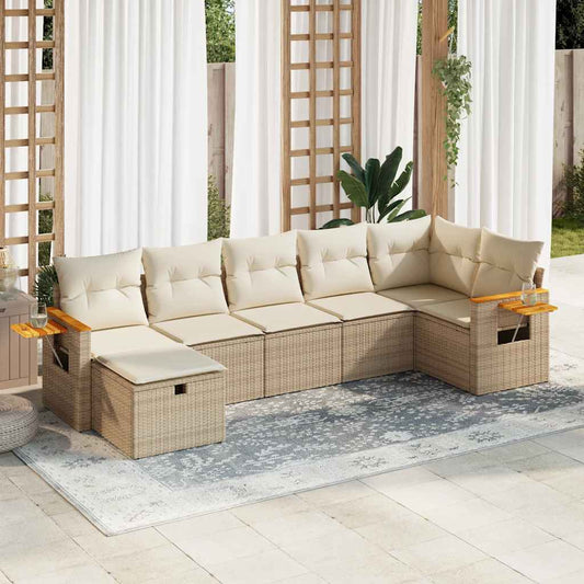 7-delige Loungeset met kussens poly rattan beige