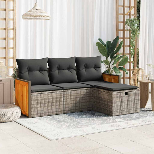 4-delige Loungeset met kussens poly rattan grijs