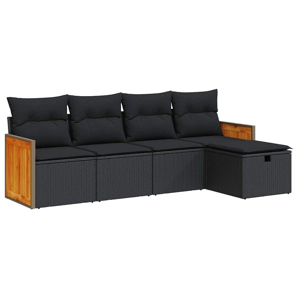 5-delige Loungeset met kussens poly rattan zwart