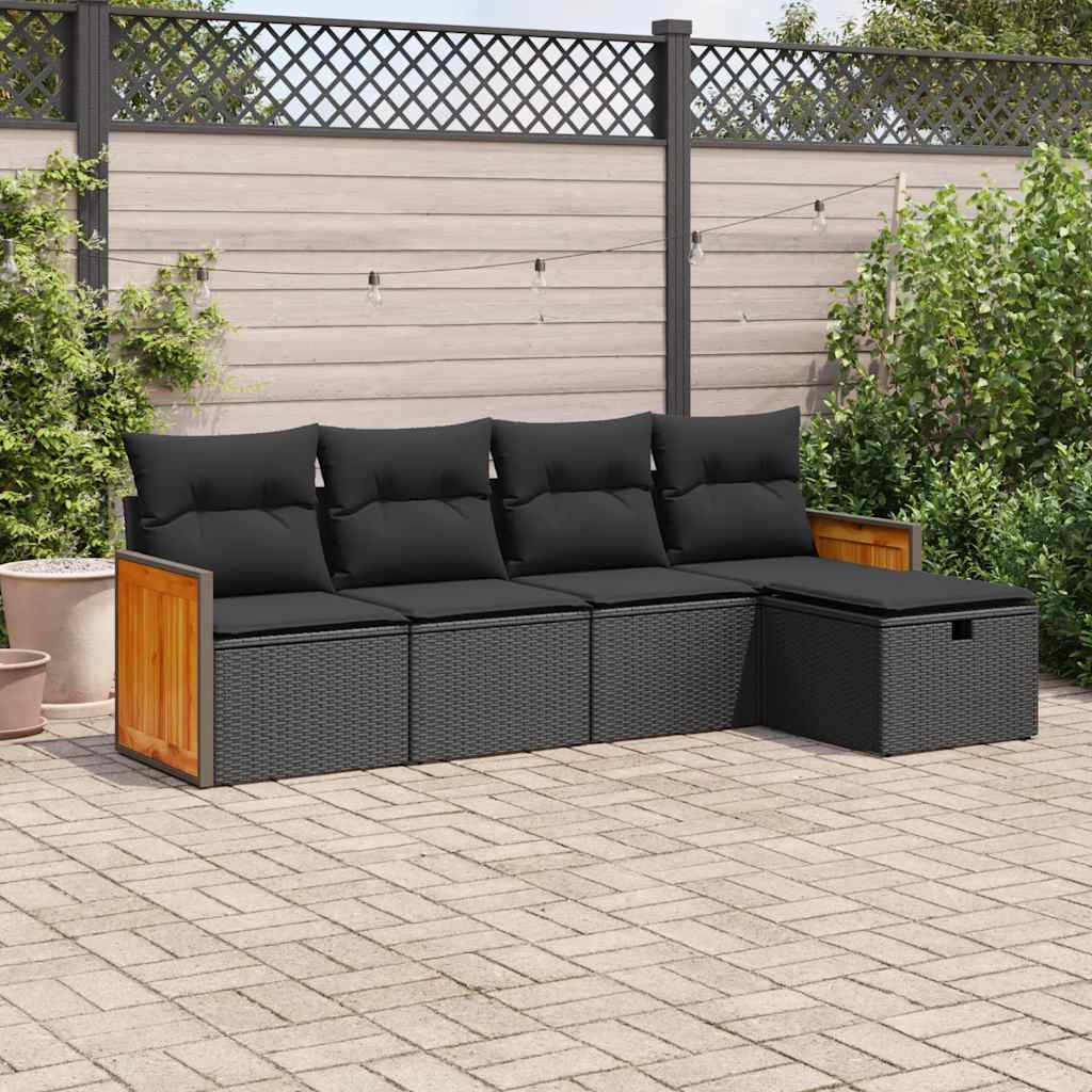 5-delige Loungeset met kussens poly rattan zwart