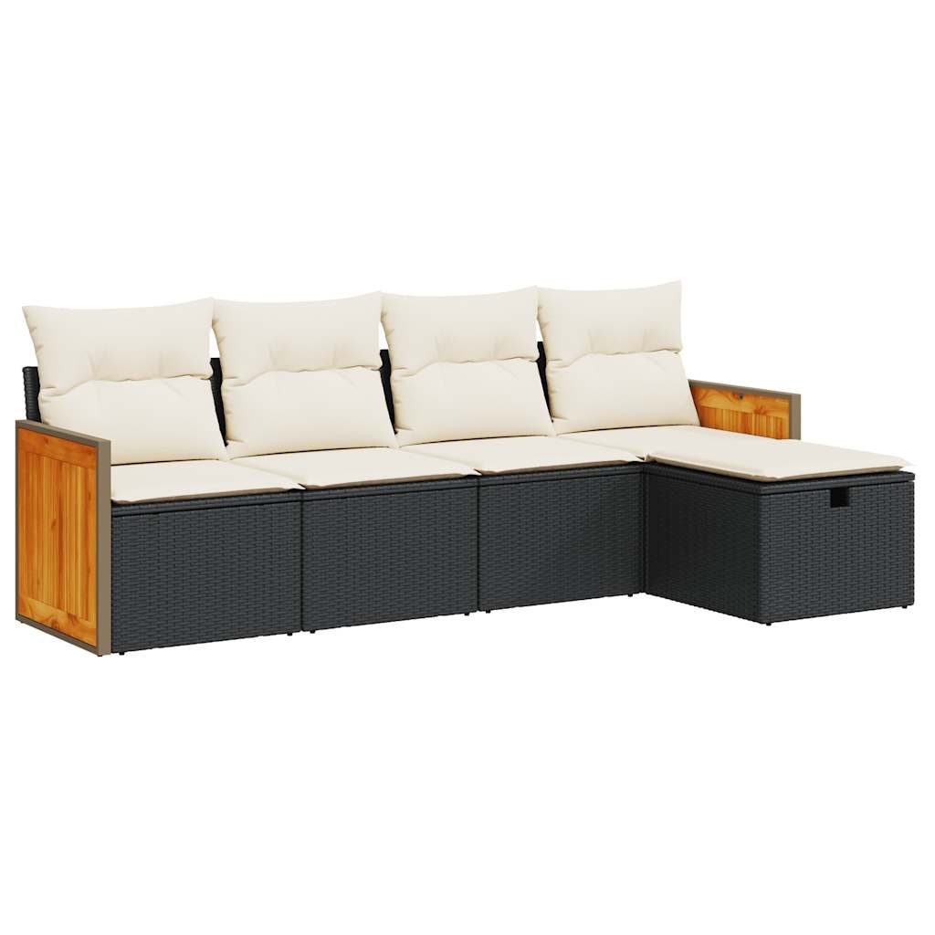 5-delige Loungeset met kussens poly rattan zwart