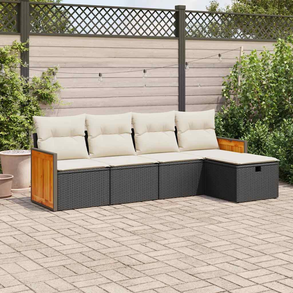 5-delige Loungeset met kussens poly rattan zwart