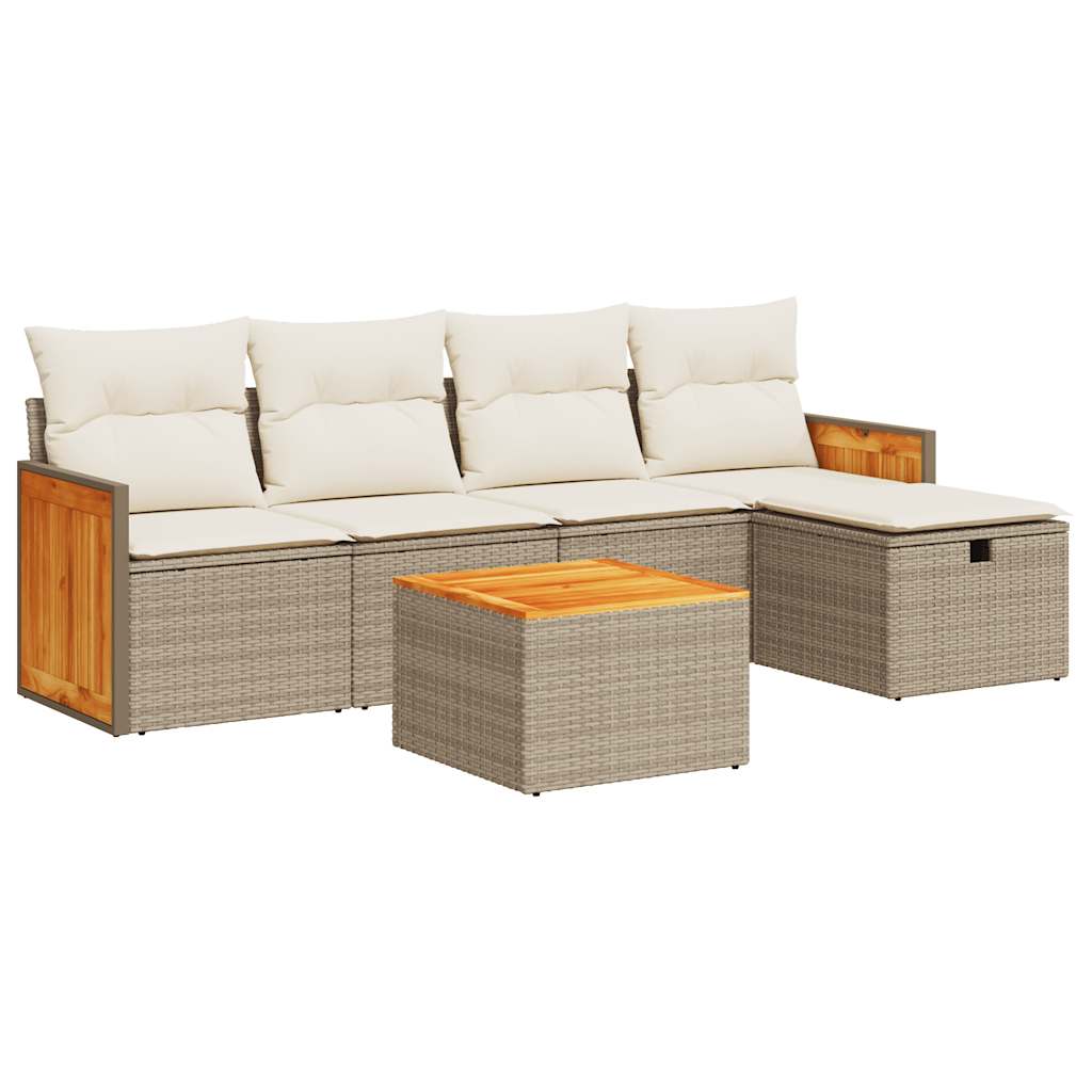 6-delige Loungeset met kussens poly rattan beige