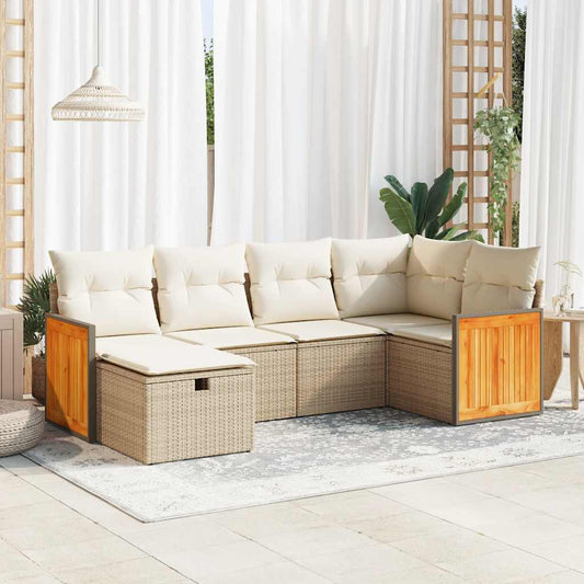 6-delige Loungeset met kussens poly rattan beige