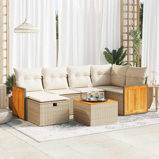 7-delige Loungeset met kussens poly rattan beige