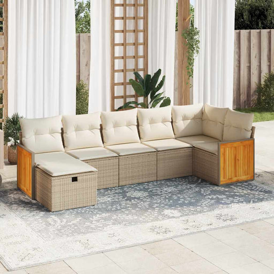 7-delige Loungeset met kussens poly rattan beige