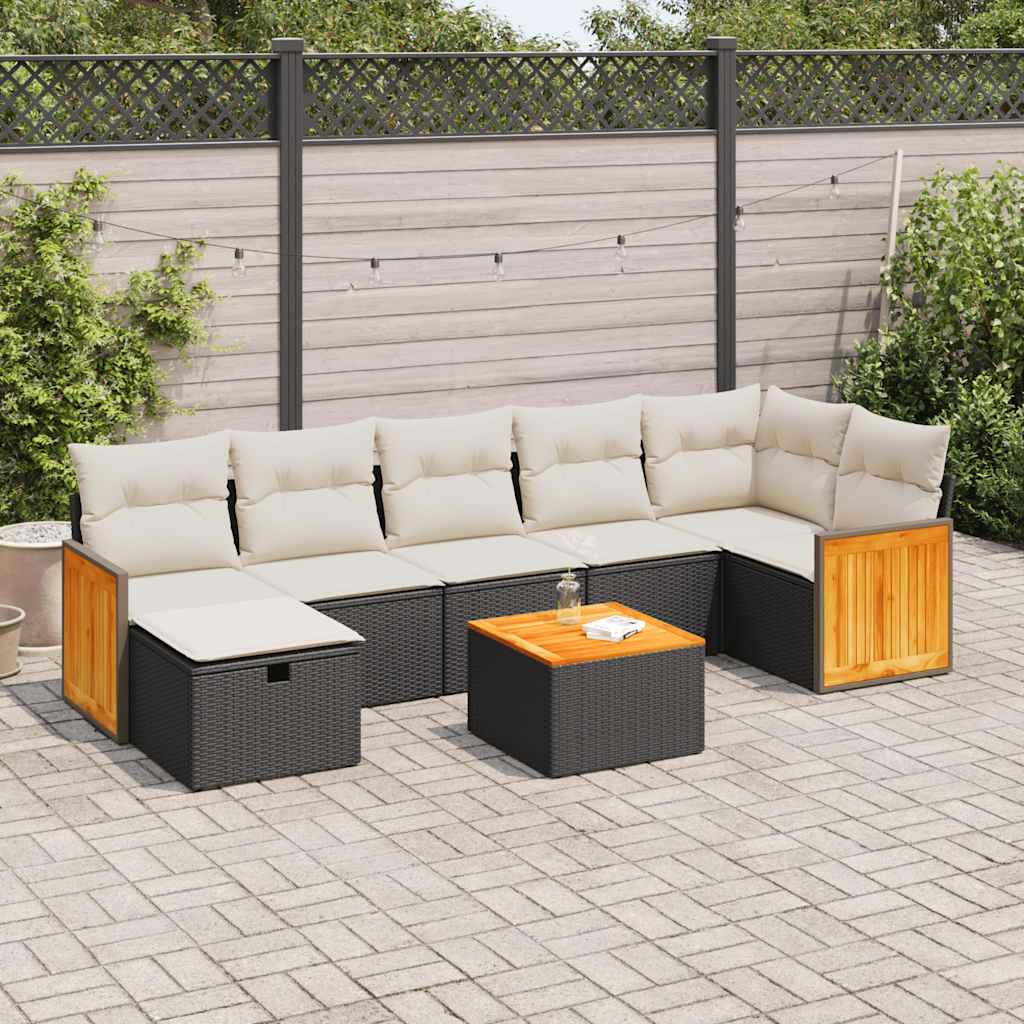 8-delige Loungeset met kussens poly rattan zwart