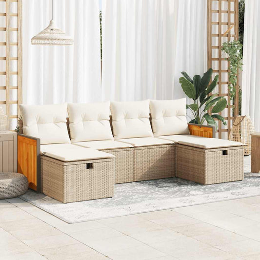 6-delige Loungeset met kussens poly rattan beige