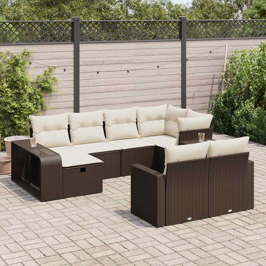 10-delige Loungeset met kussens poly rattan bruin