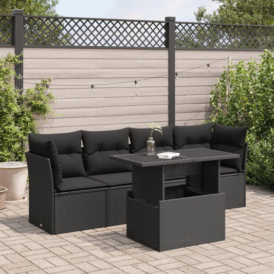 5-delige Loungeset met kussens poly rattan zwart