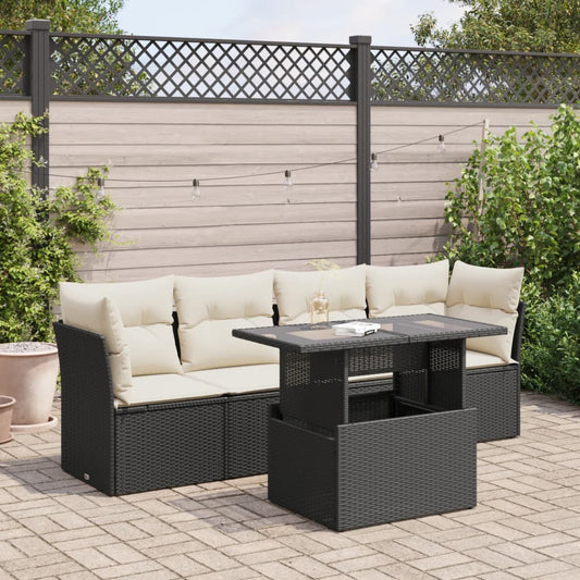 5-delige Loungeset met kussens poly rattan zwart