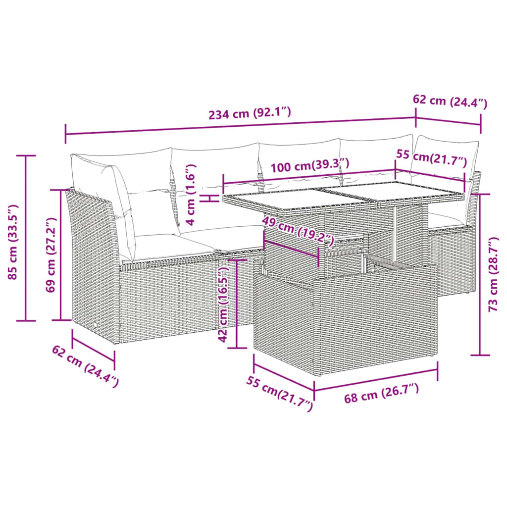 5-delige Loungeset met kussens poly rattan grijs